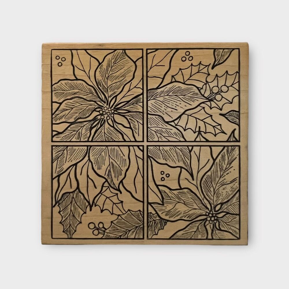 Magenta Christmas Poinsettias Holly Berry 4 Panel Stained Glass Window Stamp